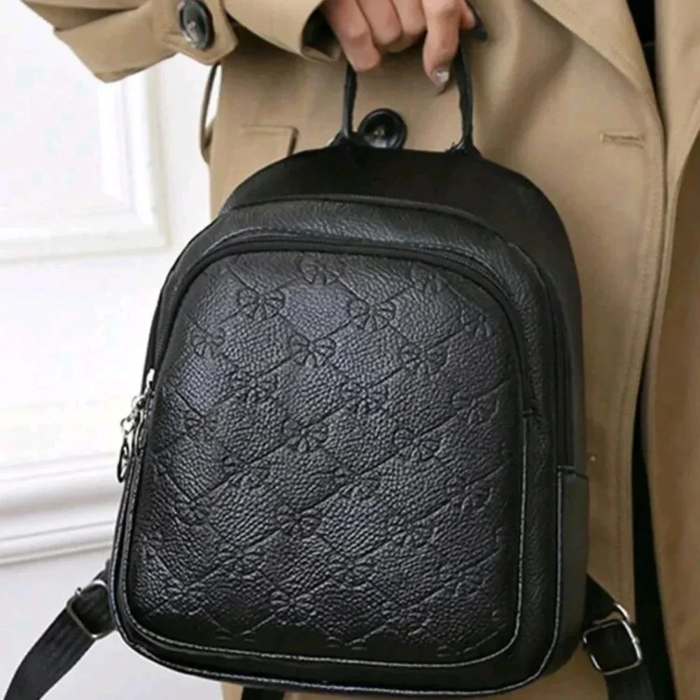 Black faux leather style bag purse women's handbag crossbody backpack bow print